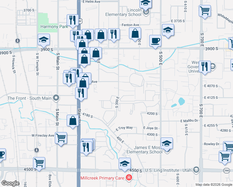 map of restaurants, bars, coffee shops, grocery stores, and more near 4104 South 300 East in Millcreek