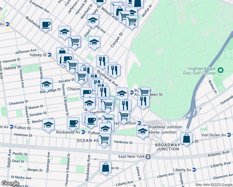 map of restaurants, bars, coffee shops, grocery stores, and more near 35 Furman Avenue in Brooklyn