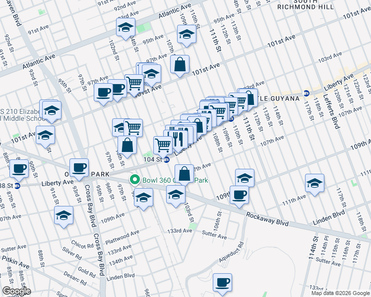 map of restaurants, bars, coffee shops, grocery stores, and more near 105-12 103 Drive in Queens