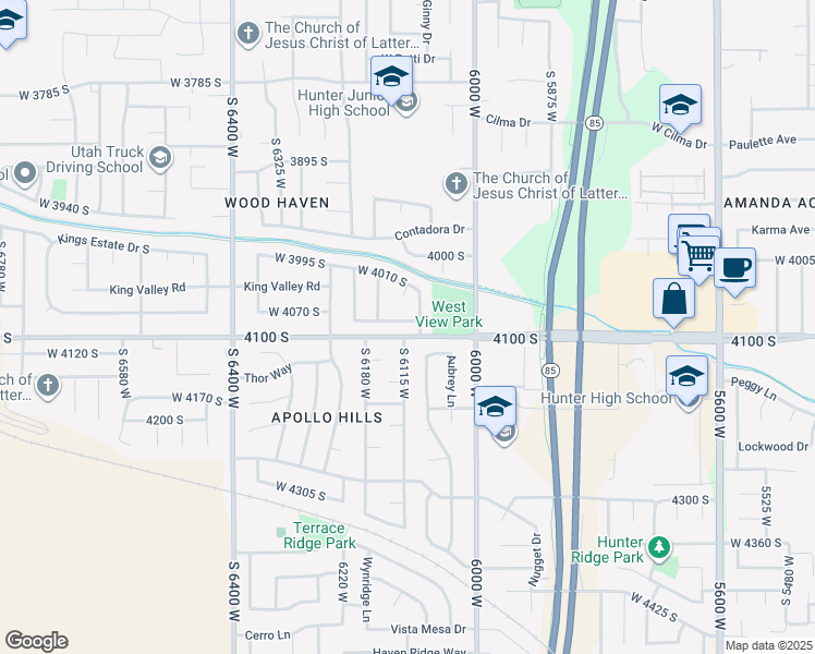map of restaurants, bars, coffee shops, grocery stores, and more near 6111 Powderwood Drive in West Valley City
