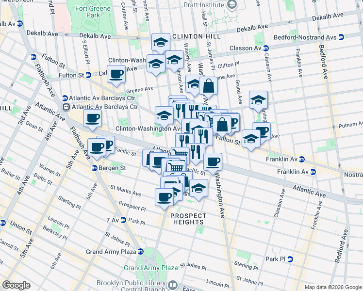 map of restaurants, bars, coffee shops, grocery stores, and more near 470 Vanderbilt Avenue in Brooklyn