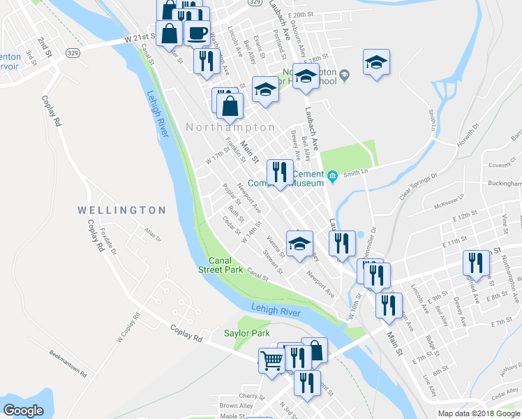 map of restaurants, bars, coffee shops, grocery stores, and more near 1415 Newport Avenue in Northampton