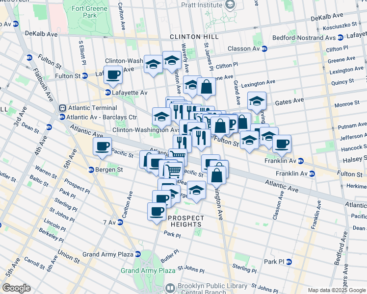 map of restaurants, bars, coffee shops, grocery stores, and more near 864 Fulton Street in Brooklyn