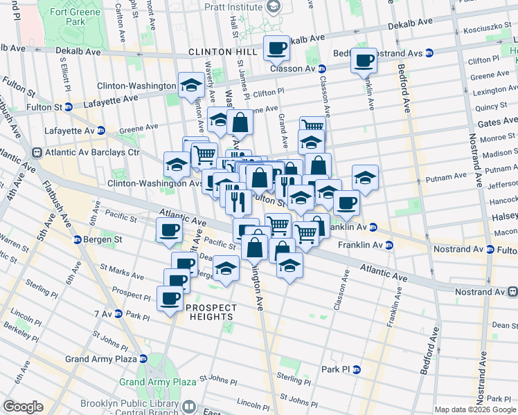 map of restaurants, bars, coffee shops, grocery stores, and more near 262 Saint James Place in Brooklyn