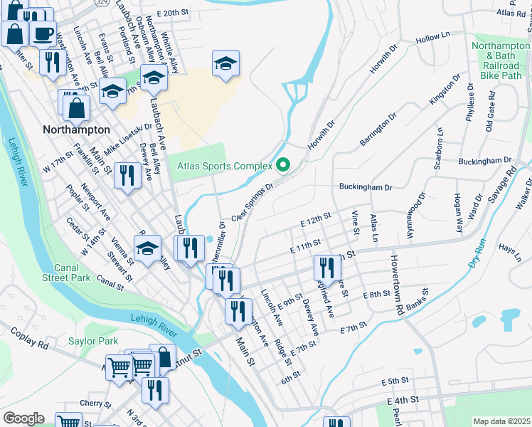 map of restaurants, bars, coffee shops, grocery stores, and more near 405 Buckingham Drive in Northampton