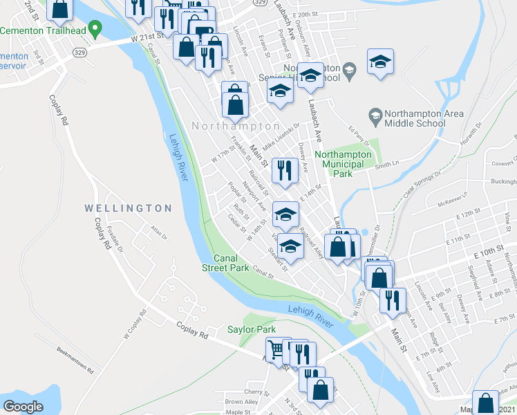 map of restaurants, bars, coffee shops, grocery stores, and more near 1510 Railroad Street in Northampton