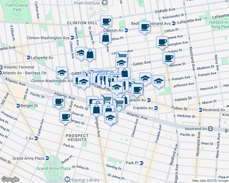 map of restaurants, bars, coffee shops, grocery stores, and more near Fulton St & Grand Ave in Brooklyn