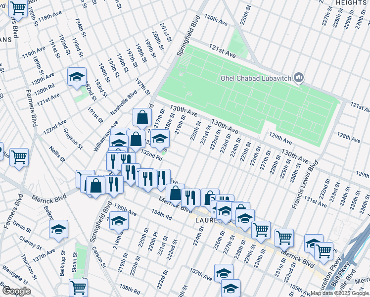 map of restaurants, bars, coffee shops, grocery stores, and more near 219-24 130th Drive in Queens