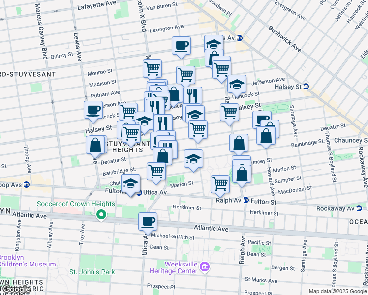 map of restaurants, bars, coffee shops, grocery stores, and more near 409 Decatur Street in Brooklyn