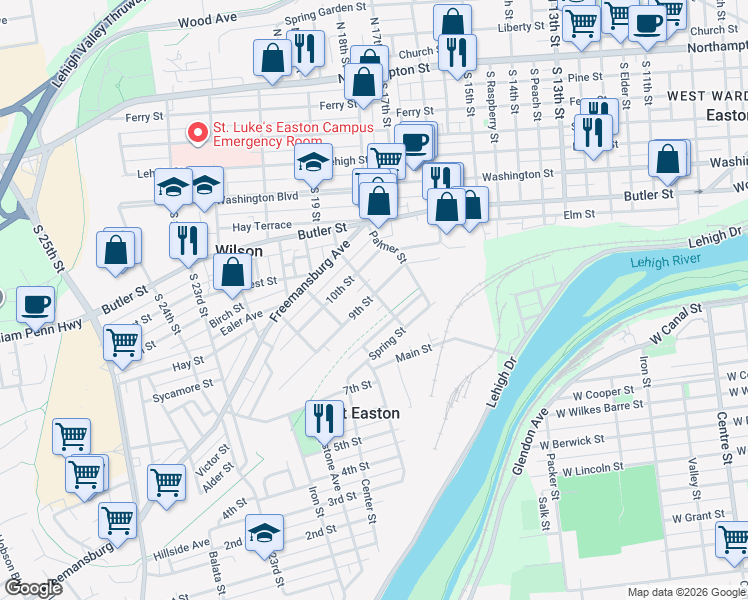 map of restaurants, bars, coffee shops, grocery stores, and more near 129 9th Street in Easton