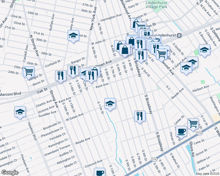 map of restaurants, bars, coffee shops, grocery stores, and more near 176 Kent Avenue in Lindenhurst