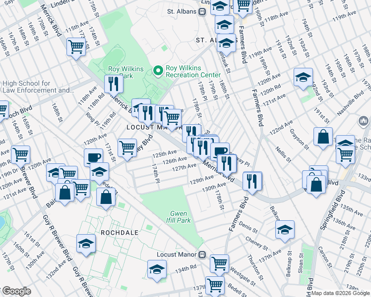 map of restaurants, bars, coffee shops, grocery stores, and more near Merrick Boulevard & Ursina Road in Queens