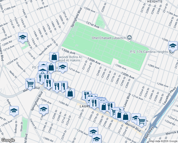 map of restaurants, bars, coffee shops, grocery stores, and more near 130-55 222nd Street in Queens
