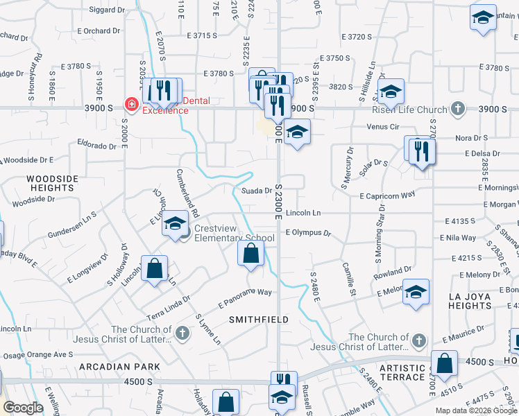 map of restaurants, bars, coffee shops, grocery stores, and more near 4080 South 2300 East in Holladay