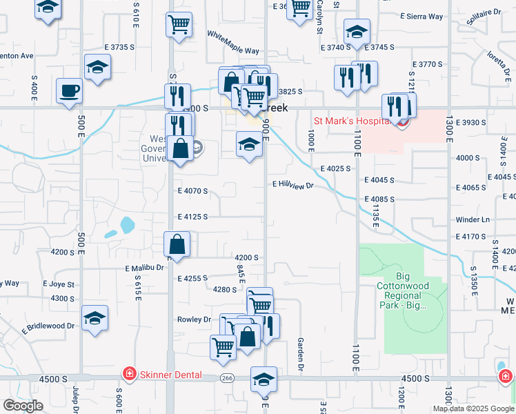 map of restaurants, bars, coffee shops, grocery stores, and more near 920 Hillview Drive in Millcreek