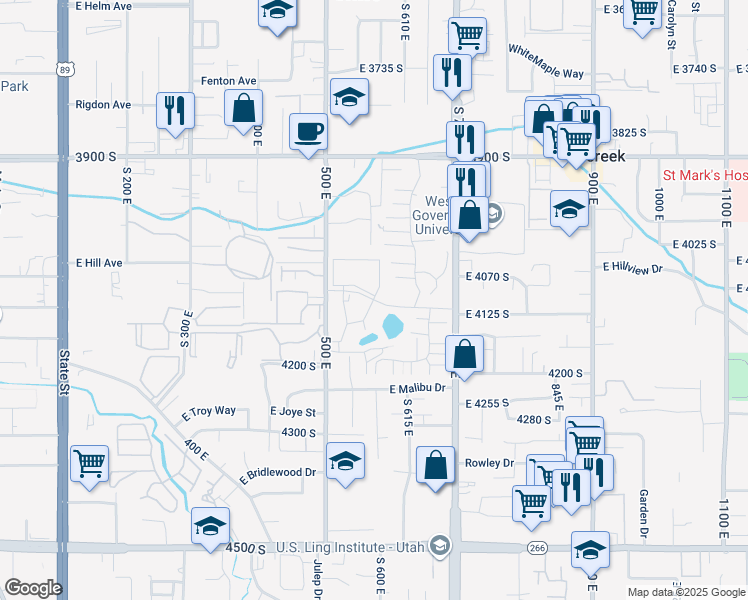 map of restaurants, bars, coffee shops, grocery stores, and more near 467 East Old Farm Road in Millcreek