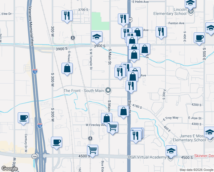 map of restaurants, bars, coffee shops, grocery stores, and more near 4081 South Main Street in Millcreek