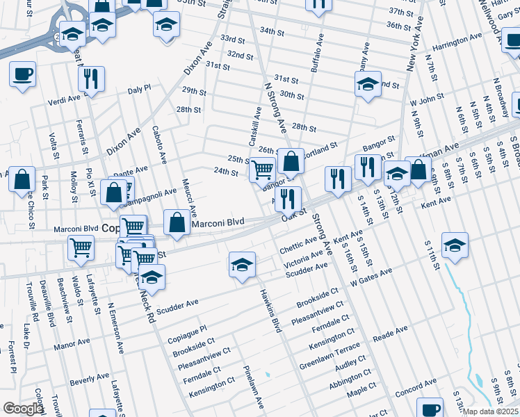 map of restaurants, bars, coffee shops, grocery stores, and more near 105 Wartburg Avenue in Copiague