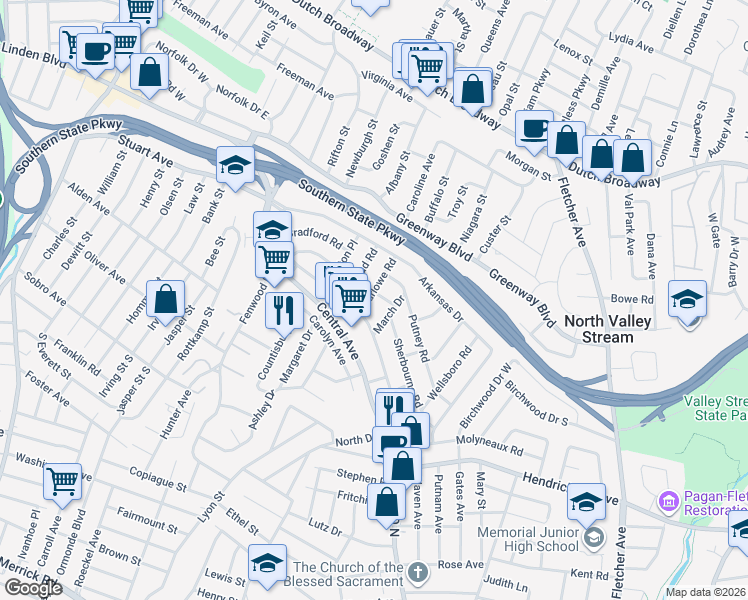 map of restaurants, bars, coffee shops, grocery stores, and more near 24 Marlowe Road in Valley Stream