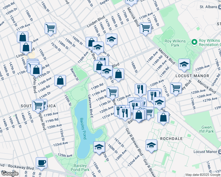 map of restaurants, bars, coffee shops, grocery stores, and more near 118-27 Guy R Brewer Boulevard in Queens