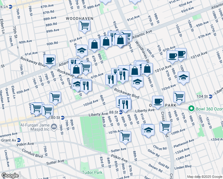 map of restaurants, bars, coffee shops, grocery stores, and more near 97-40 88th Street in Queens