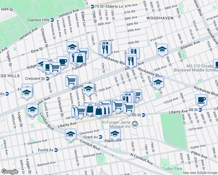 map of restaurants, bars, coffee shops, grocery stores, and more near 94-18 75th Street in Queens