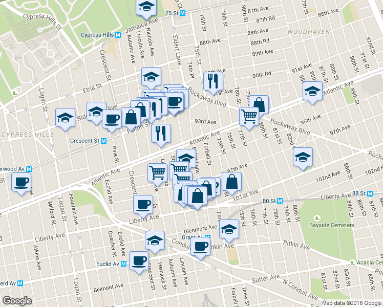 map of restaurants, bars, coffee shops, grocery stores, and more near in Queens