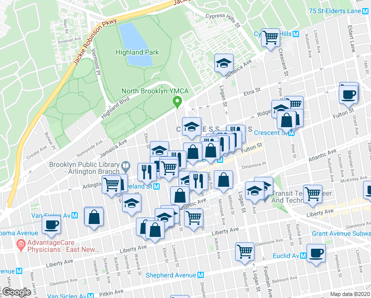 map of restaurants, bars, coffee shops, grocery stores, and more near 170 Ridgewood Avenue in Brooklyn
