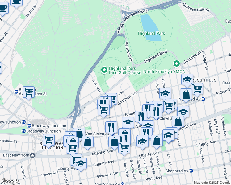 map of restaurants, bars, coffee shops, grocery stores, and more near 290 Highland Boulevard in Brooklyn