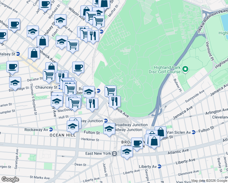 map of restaurants, bars, coffee shops, grocery stores, and more near 96 De Sales Place in Brooklyn