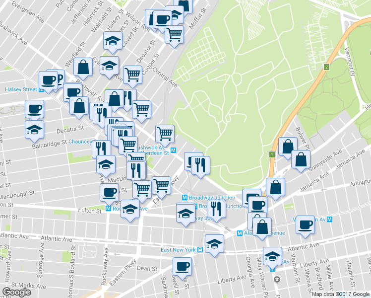 map of restaurants, bars, coffee shops, grocery stores, and more near 96 De Sales Place in Brooklyn
