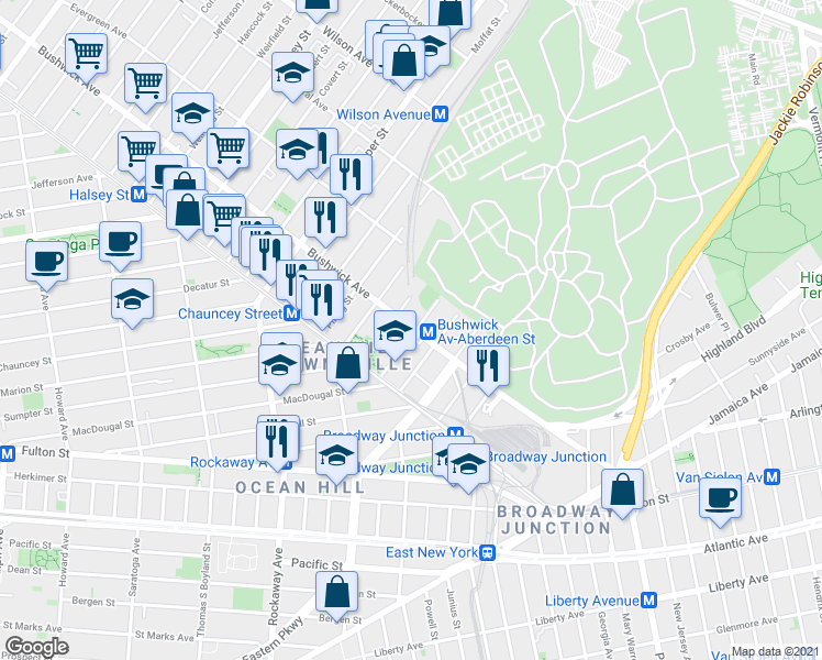 map of restaurants, bars, coffee shops, grocery stores, and more near 1503 Bushwick Avenue in Brooklyn