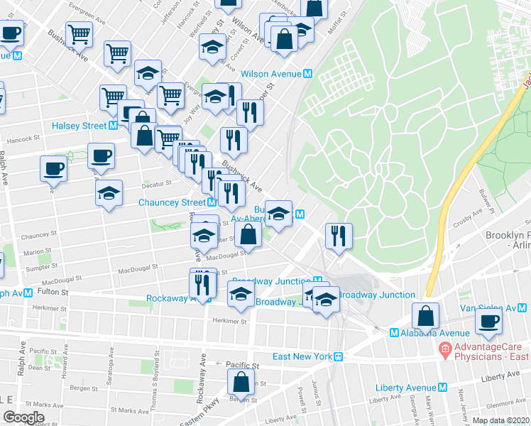 map of restaurants, bars, coffee shops, grocery stores, and more near 1503 Bushwick Avenue in Brooklyn