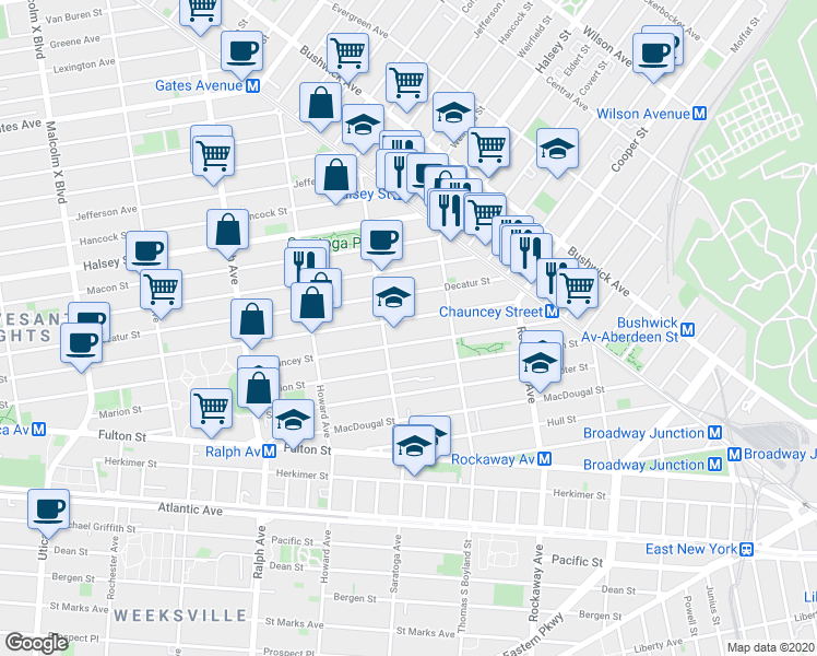 map of restaurants, bars, coffee shops, grocery stores, and more near 537 Bainbridge Street in Brooklyn