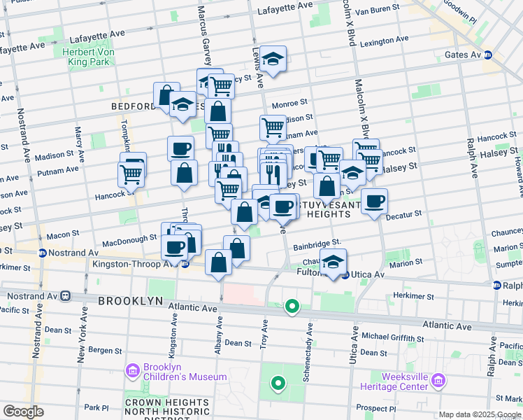 map of restaurants, bars, coffee shops, grocery stores, and more near 432 Halsey Street in Brooklyn
