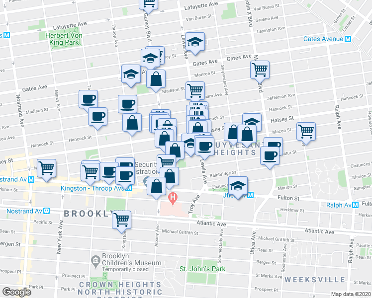 map of restaurants, bars, coffee shops, grocery stores, and more near 432 Halsey Street in Brooklyn