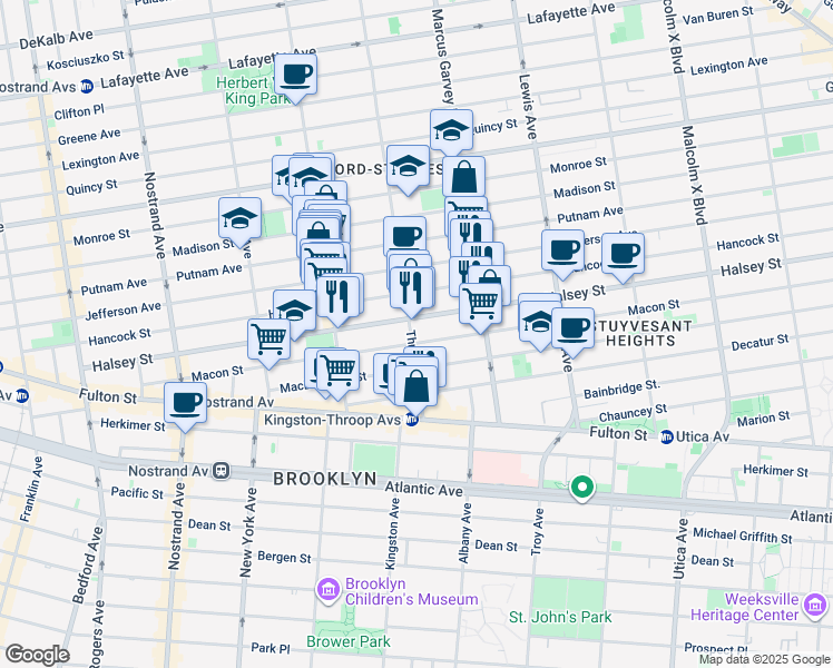map of restaurants, bars, coffee shops, grocery stores, and more near 559 Throop Avenue in Brooklyn