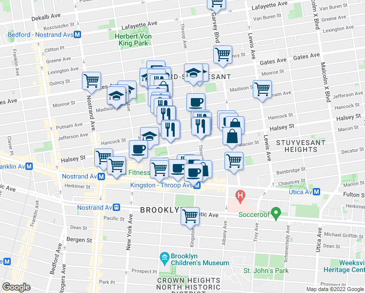 map of restaurants, bars, coffee shops, grocery stores, and more near 269 Halsey Street in Brooklyn