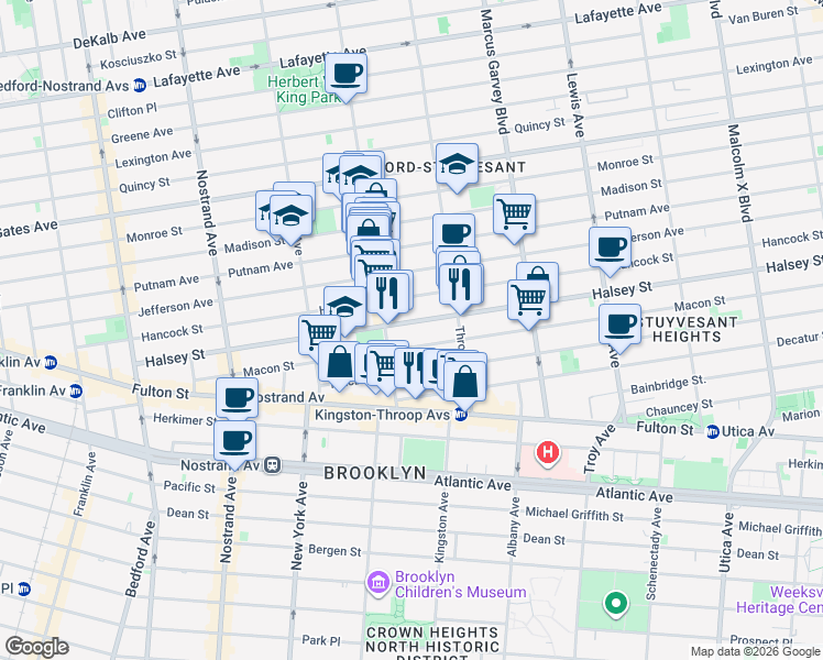 map of restaurants, bars, coffee shops, grocery stores, and more near 269 Halsey Street in Brooklyn