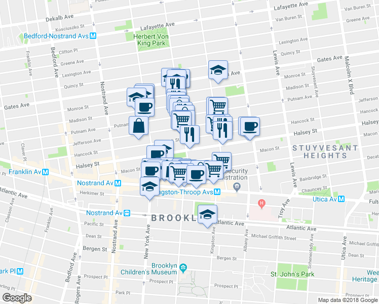 map of restaurants, bars, coffee shops, grocery stores, and more near 412 Tompkins Avenue in Brooklyn