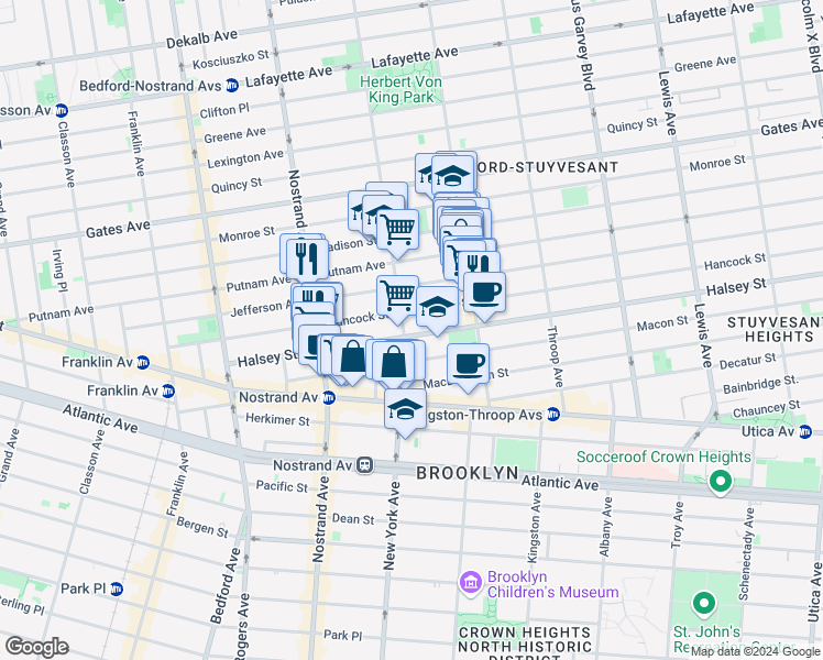 map of restaurants, bars, coffee shops, grocery stores, and more near 231 Hancock Street in Brooklyn