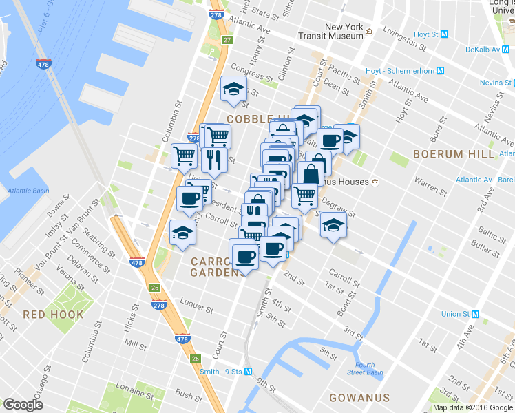 map of restaurants, bars, coffee shops, grocery stores, and more near 352 Court Street in Brooklyn