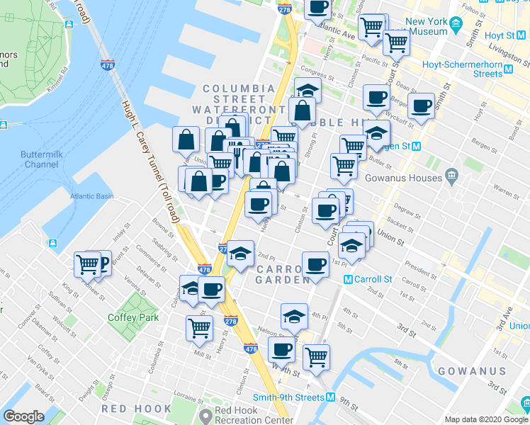 map of restaurants, bars, coffee shops, grocery stores, and more near 152 President Street in Brooklyn