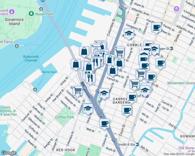 map of restaurants, bars, coffee shops, grocery stores, and more near 87 Carroll Street in Brooklyn