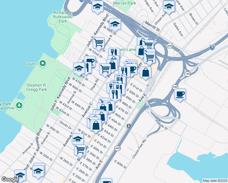 map of restaurants, bars, coffee shops, grocery stores, and more near 43-45 East 49th Street in Bayonne