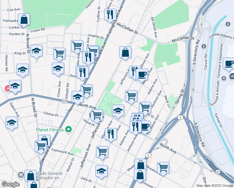 map of restaurants, bars, coffee shops, grocery stores, and more near 925 Jefferson Avenue in Elizabeth
