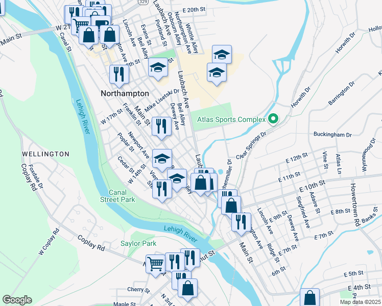 map of restaurants, bars, coffee shops, grocery stores, and more near 1339 Washington Avenue in Northampton