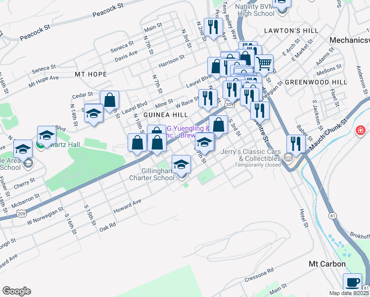 map of restaurants, bars, coffee shops, grocery stores, and more near 620 West Norwegian Street in Pottsville