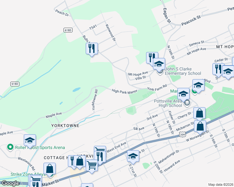 map of restaurants, bars, coffee shops, grocery stores, and more near 1954 High Park Manor in Pottsville