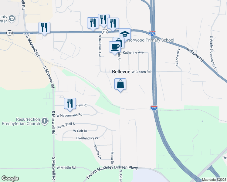 map of restaurants, bars, coffee shops, grocery stores, and more near 535 South Main Street in Peoria